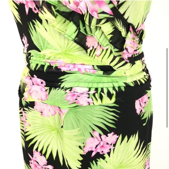 KAY UNGER Silk Tropical Floral Halter Ruffle Maxi Dress Black Green Pink… - Picture 4 of 13